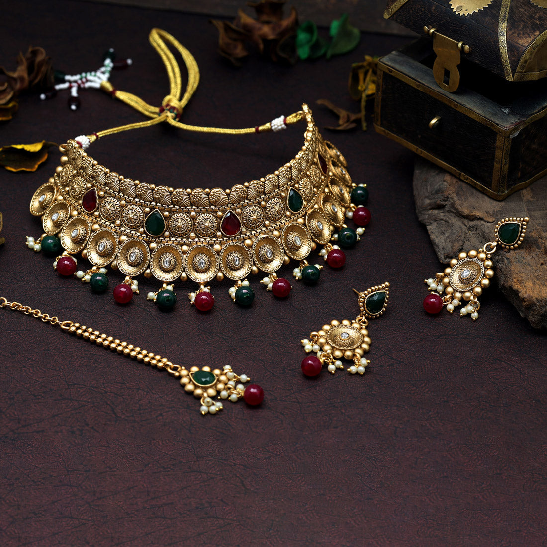 Maroon & Green Color Choker Premium Copper Necklace Set (CPRN211MG)