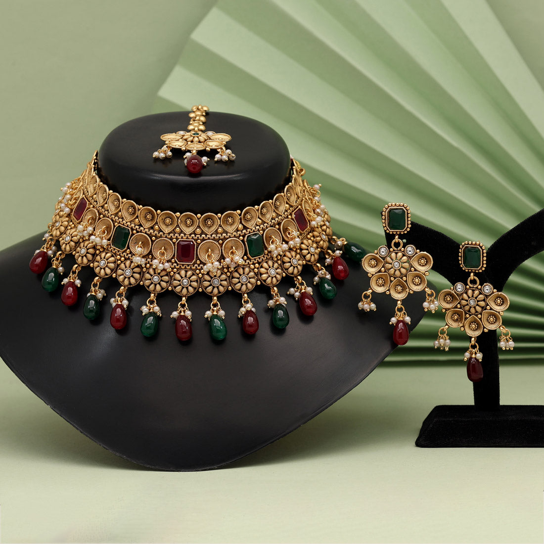 Maroon & Green Color Choker Premium Copper Necklace Set (CPRN216MG)