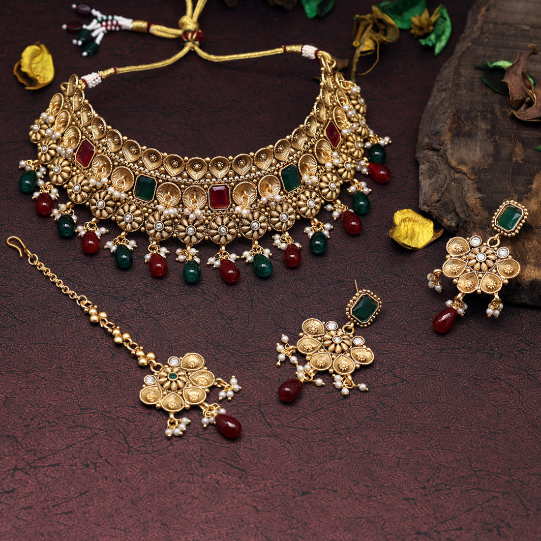 Maroon & Green Color Choker Premium Copper Necklace Set (CPRN216MG)