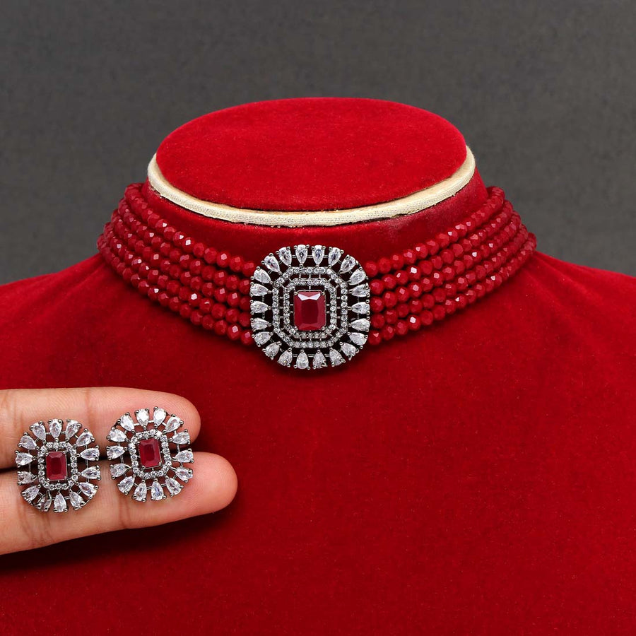Maroon Color American Diamond Choker Necklace Set (CZN229MRN)