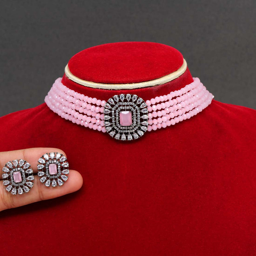 Pink Color American Diamond Choker Choker Necklace Set (CZN229PNK)