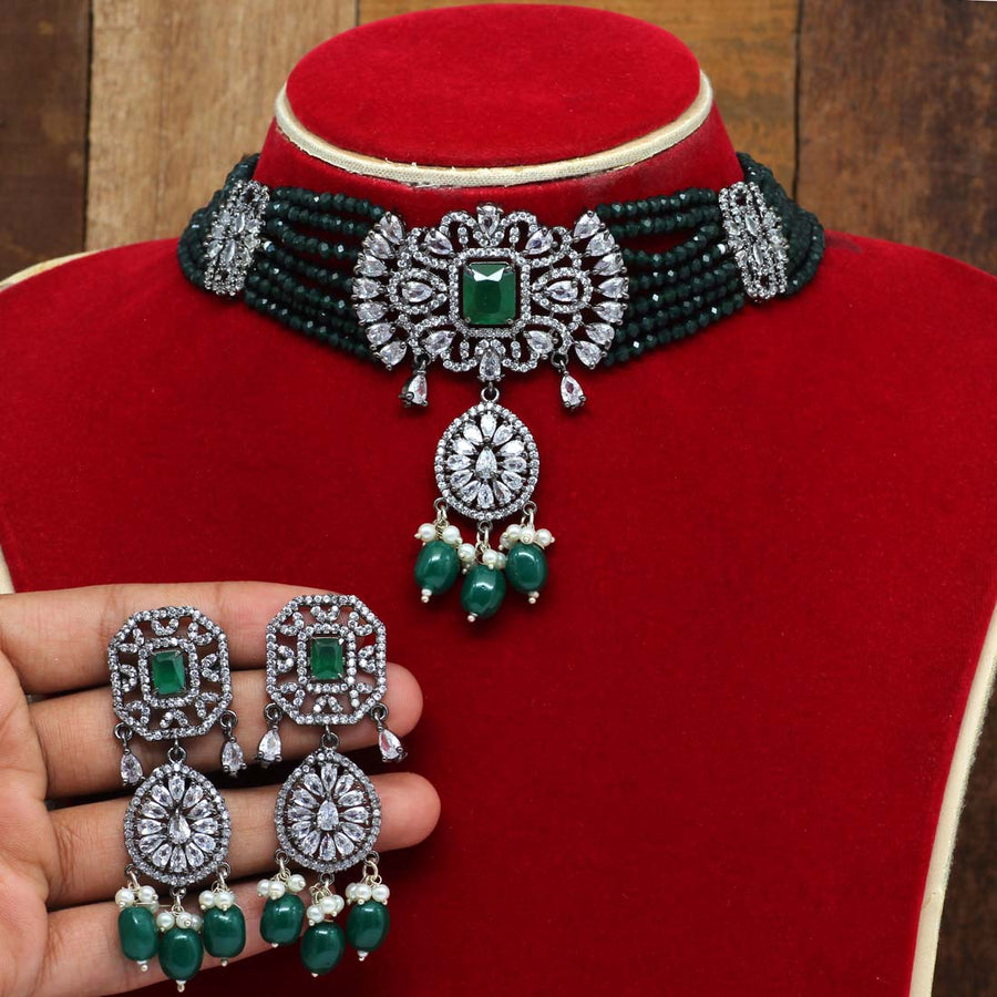 Green Color American Diamond Choker Necklace Set (CZN275GRN)