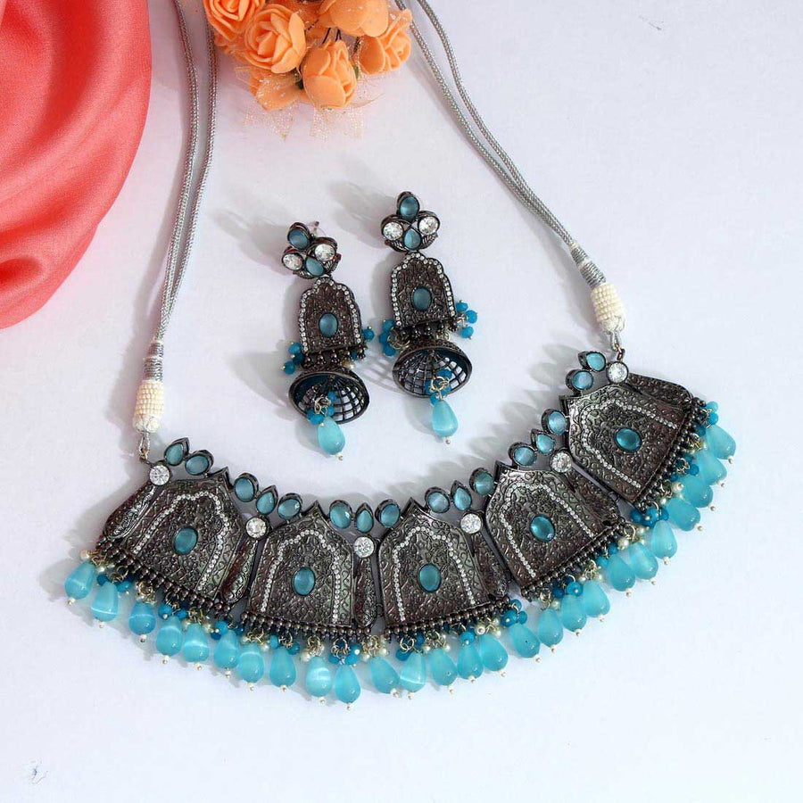 Firozi Color American Diamond Necklaces Set (CZN340FRZ)
