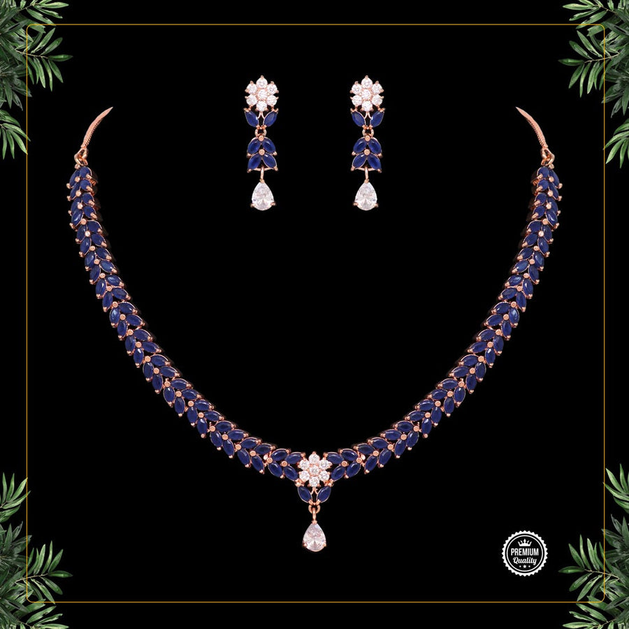 Blue Color American Diamond Rose Gold Necklaces Set (CZN363BLU)
