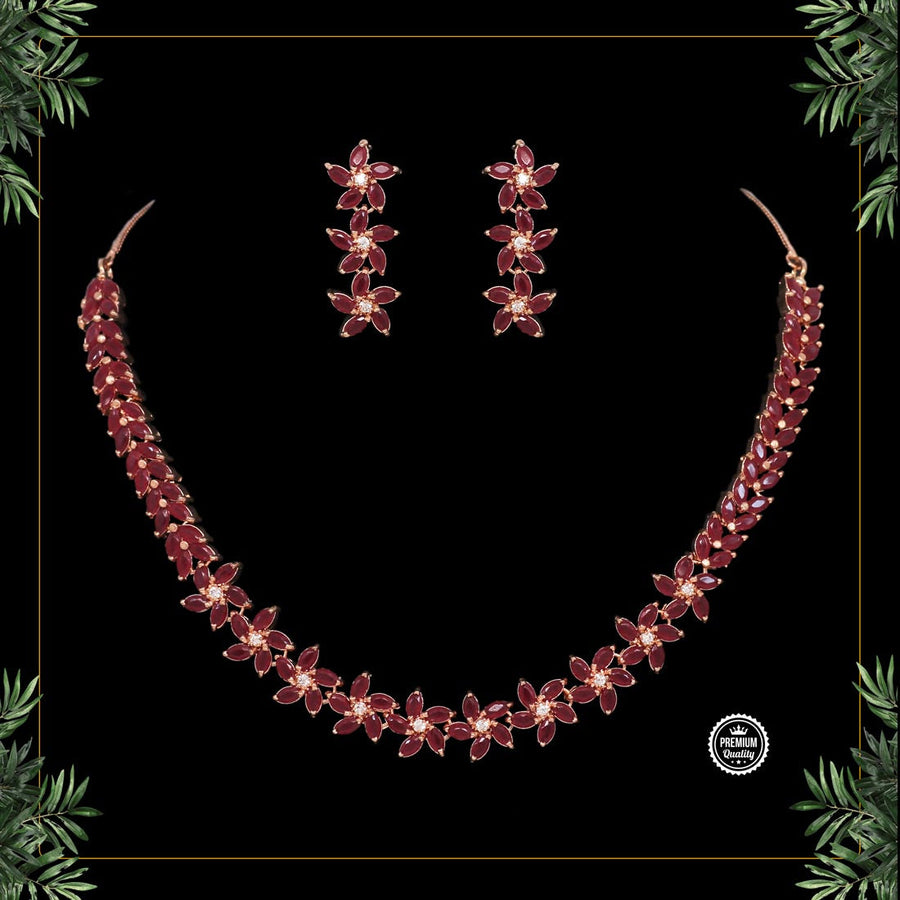 Maroon Color American Diamond Rose Gold Necklaces Set (CZN367MRN)