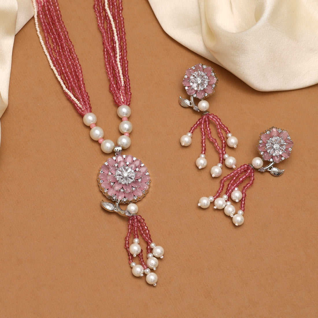 Pink Color American Diamond Necklace Set (CZN890PNK)