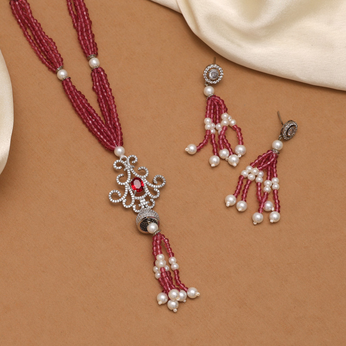 Magenta Color American Diamond Necklace Set (CZN895MNT)