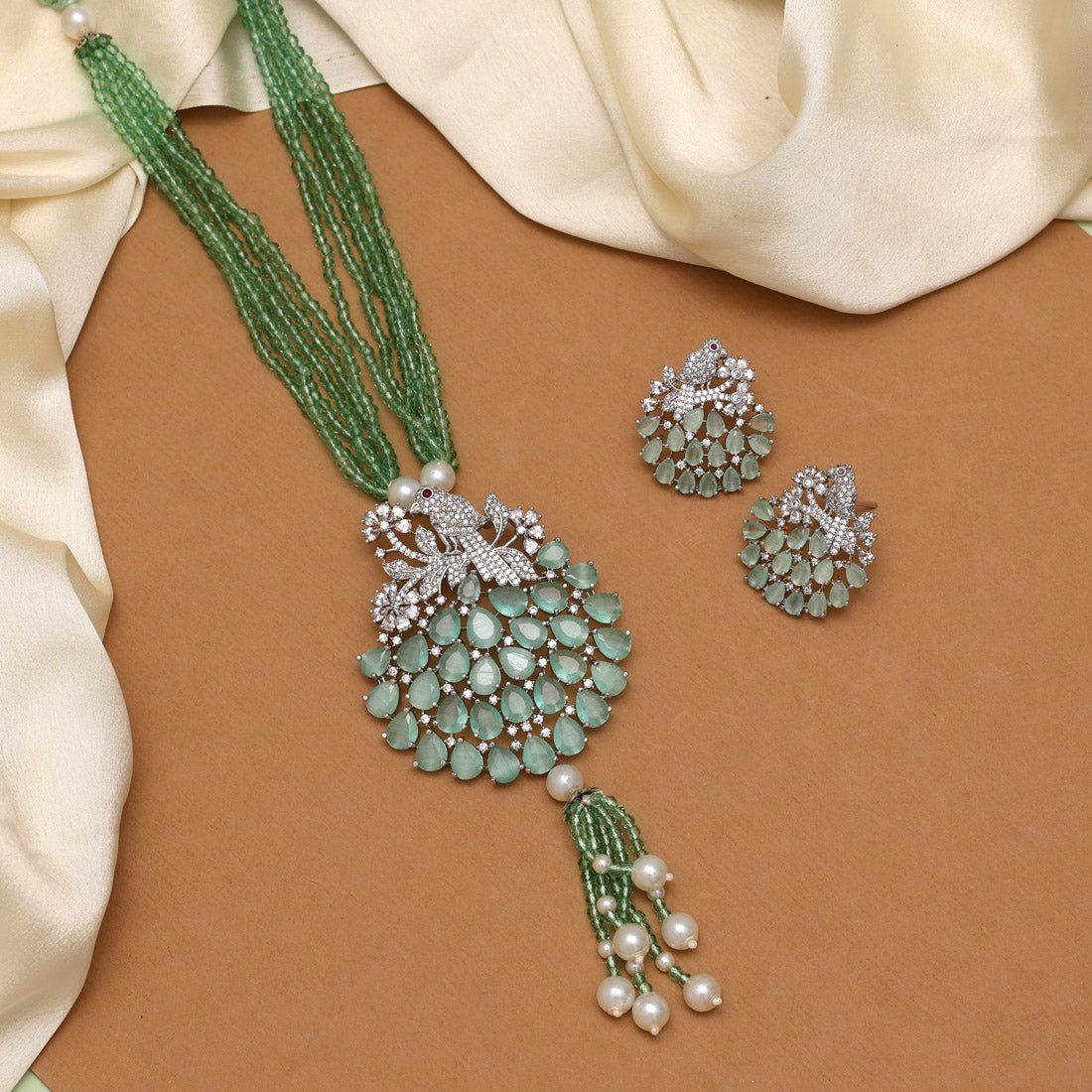 Pista Green Color American Diamond Necklace Set (CZN897PGRN)
