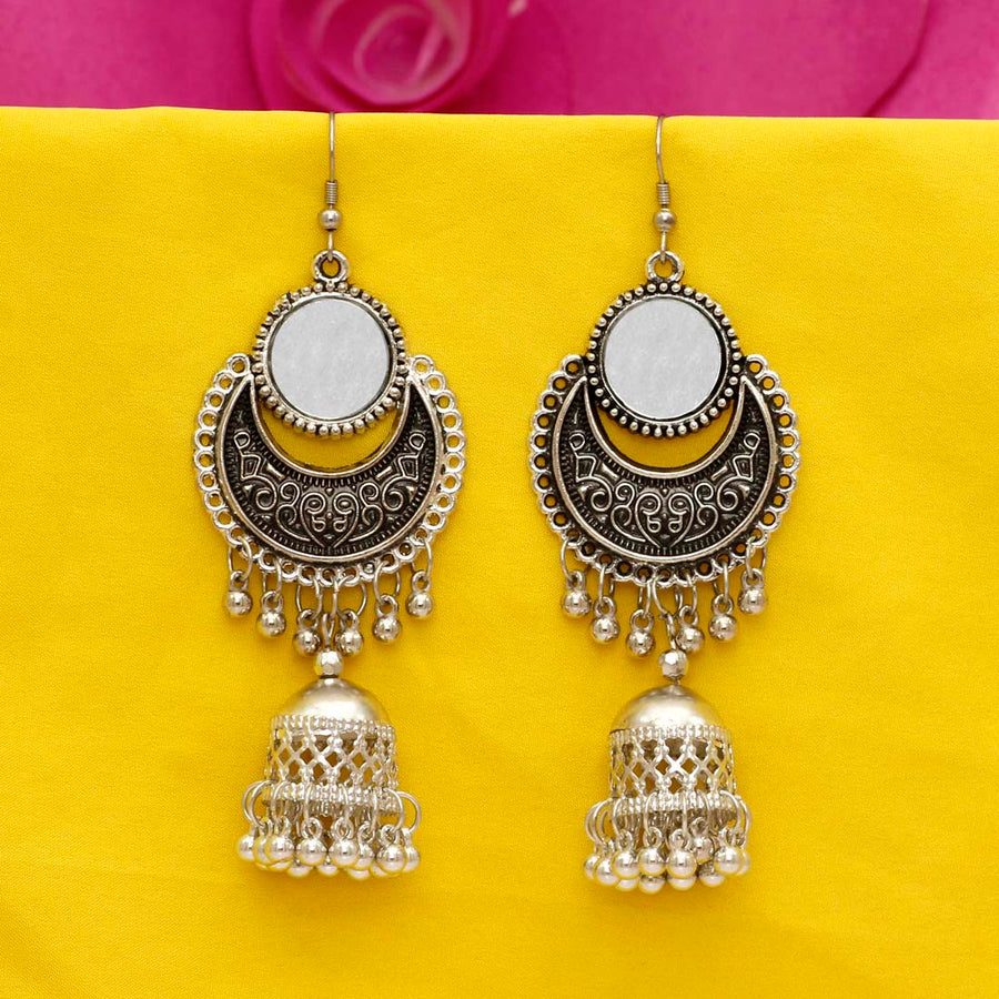 Silver Color Mirror Work Oxidised Jhumka Earrings (GSE1050SLV)