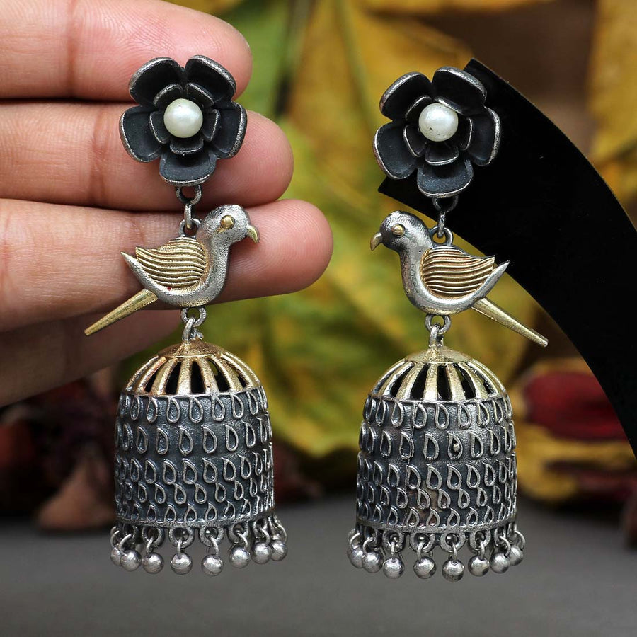 Gold & Silver Color Beads Oxidised Two Tone Earrings (GSE1971GS)