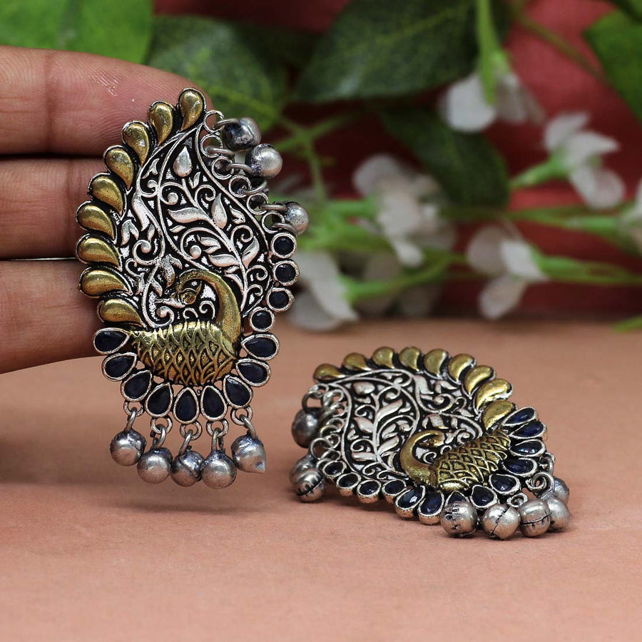 Blue Color Glass Stone Oxidised Two Tone Earrings (GSE2042BLU)