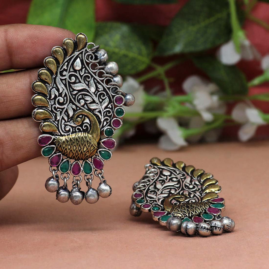 Rani & Green Color Glass Stone Oxidised Two Tone Earrings (GSE2042RNIGRN)