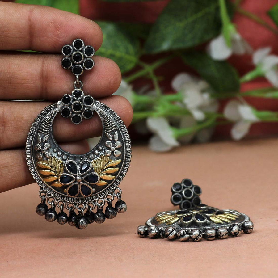 Blue Color Glass Stone Oxidised Two Tone Brass Earrings (GSE2046BLU)