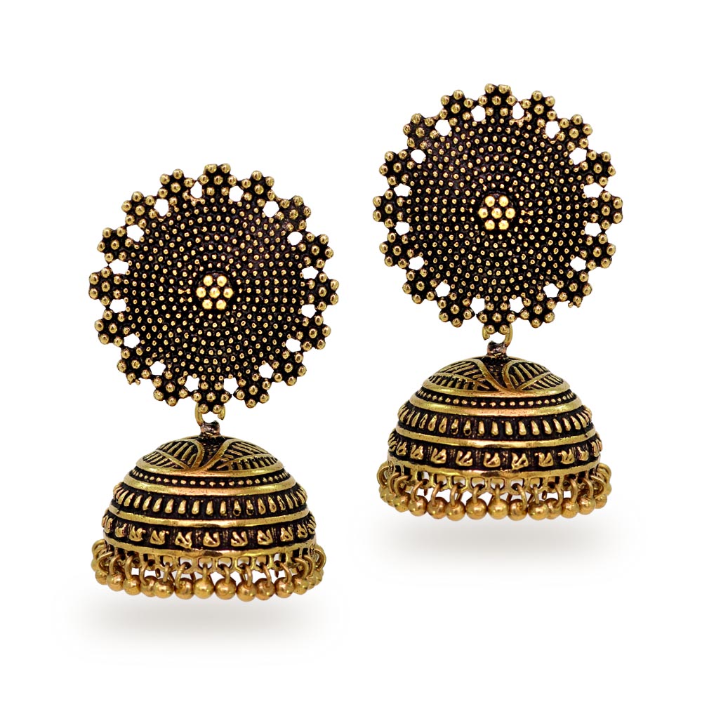 Oxidised Gold Plated Handmade Jhumka Brass Earrings (GSE247GLD)