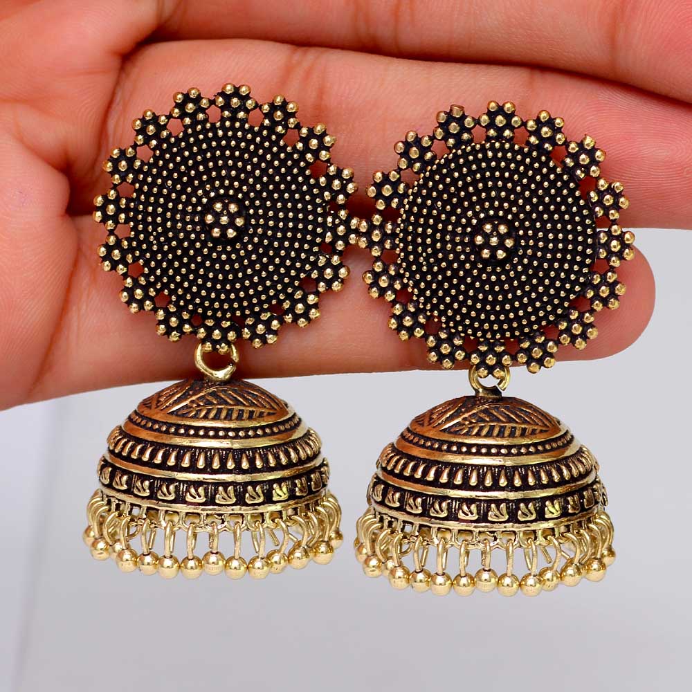 Oxidised Gold Plated Handmade Jhumka Brass Earrings (GSE247GLD)