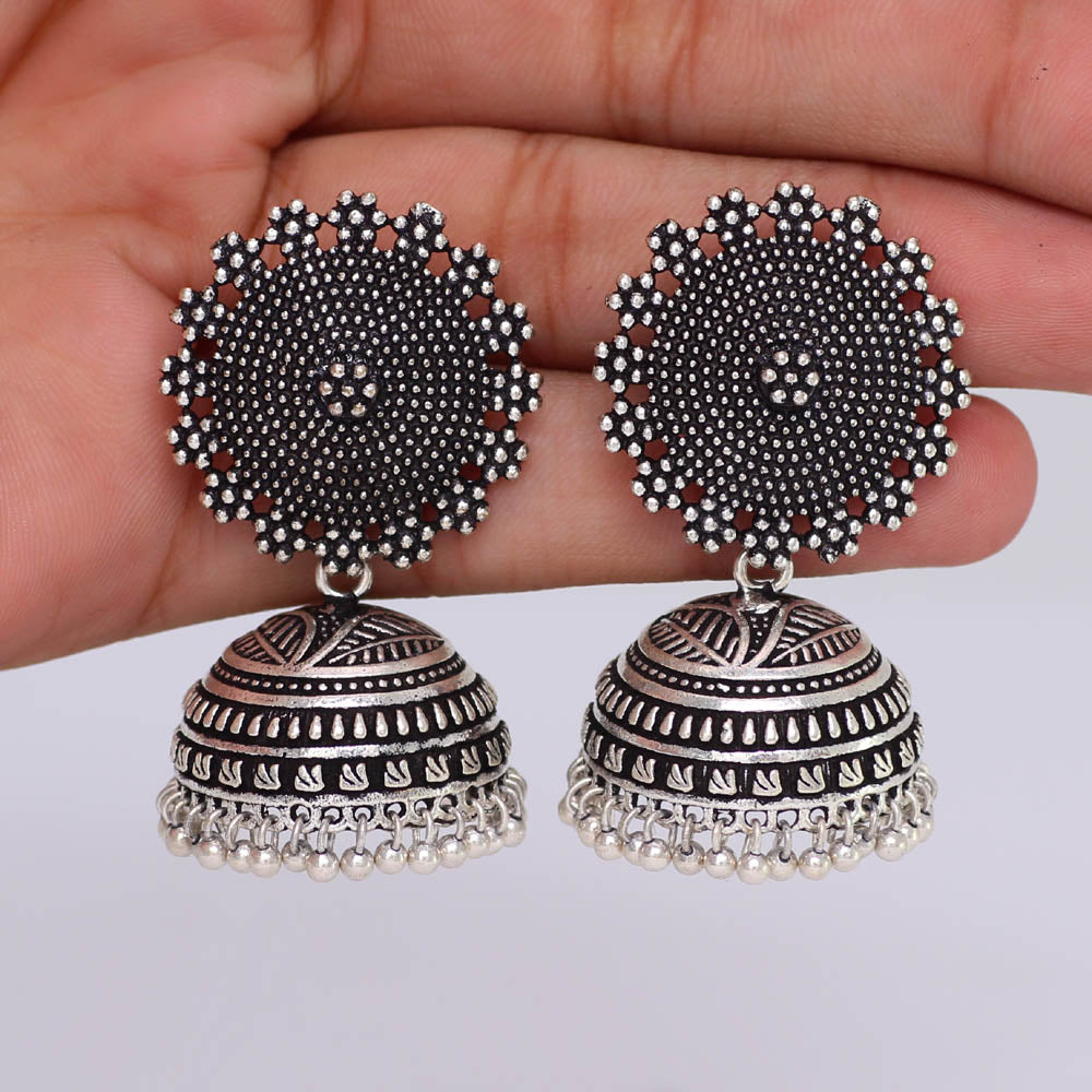 Oxidised Silver Plated Handmade Jhumka Brass Earrings (GSE247SLV)
