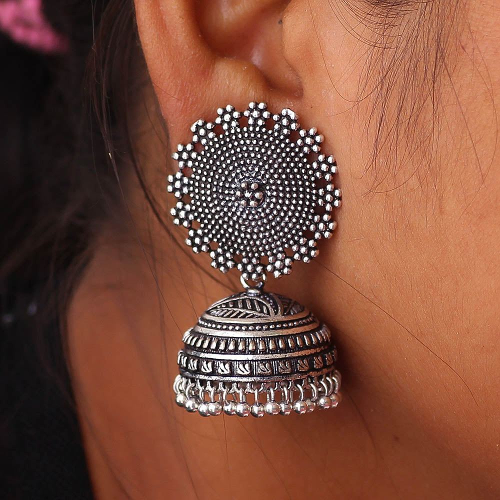 Oxidised Silver Plated Handmade Jhumka Brass Earrings (GSE247SLV)