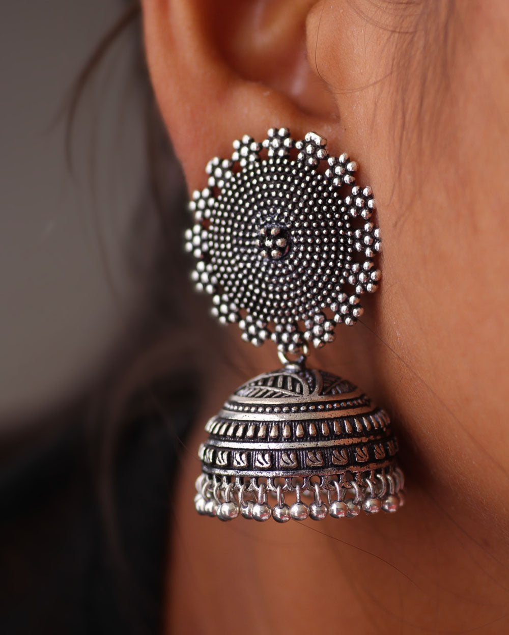 Oxidised Silver Plated Handmade Jhumka Brass Earrings (GSE247SLV)