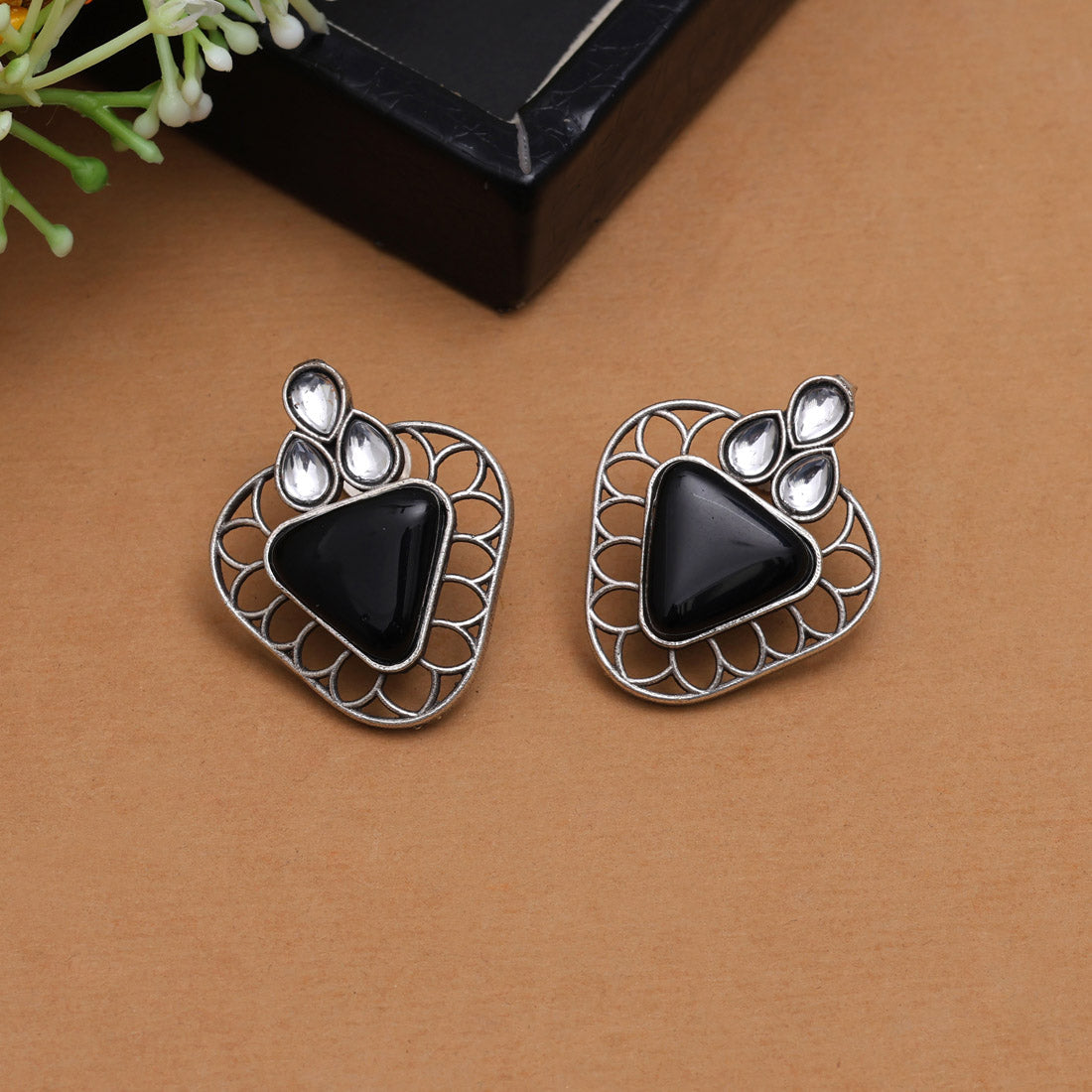Black Color Monalisa Stone Oxidised Earrings (GSE2829BLK)