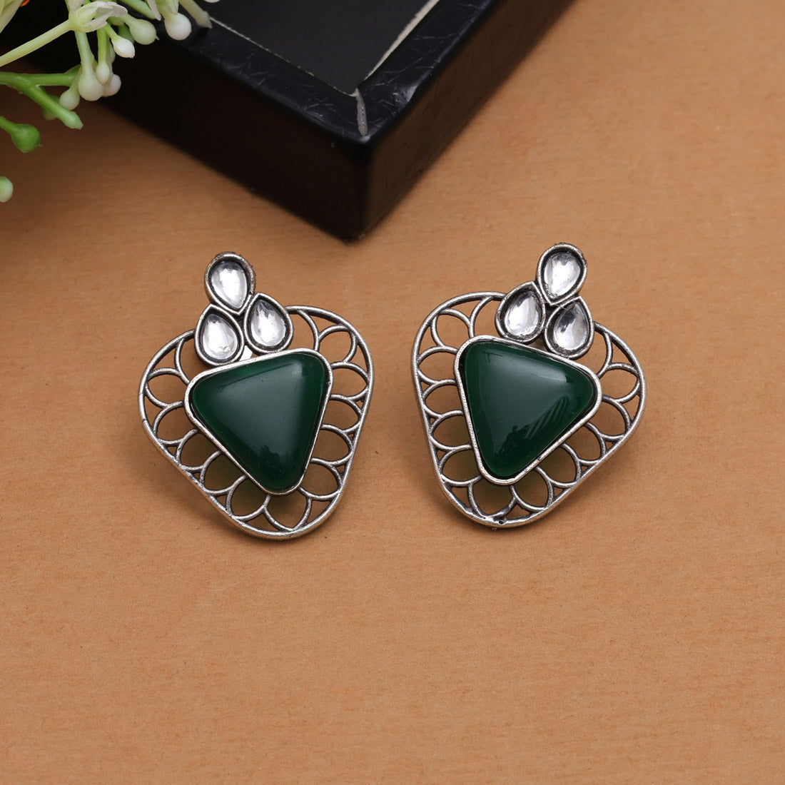 Green Color Monalisa Stone Oxidised Earrings (GSE2829GRN)