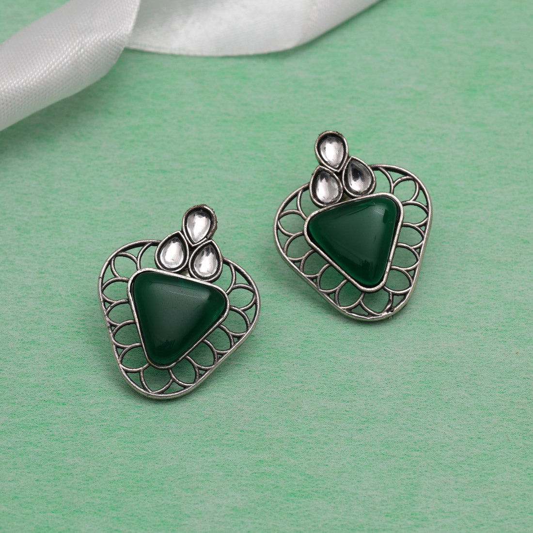 Green Color Monalisa Stone Oxidised Earrings (GSE2829GRN)