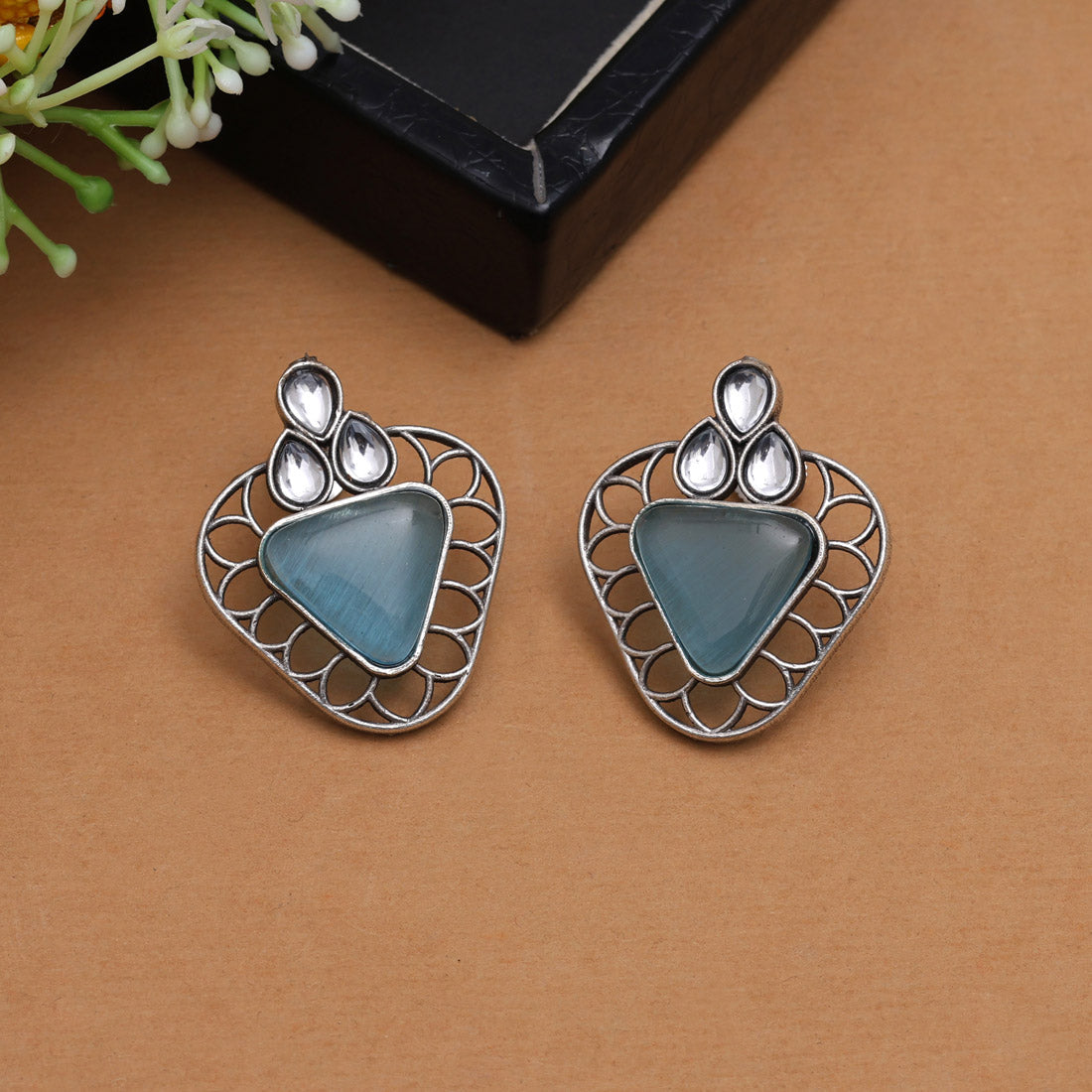 Sky Blue Color Monalisa Stone Oxidised Earrings (GSE2829SBLU)