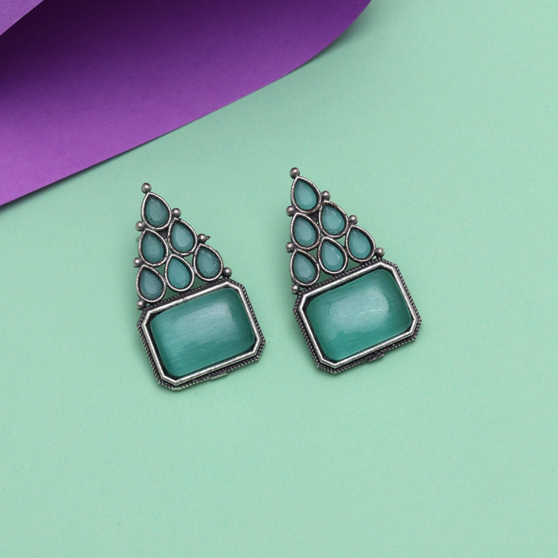 Pista Green Color Monalisa Stone Oxidised Earrings (GSE2831PGRN)