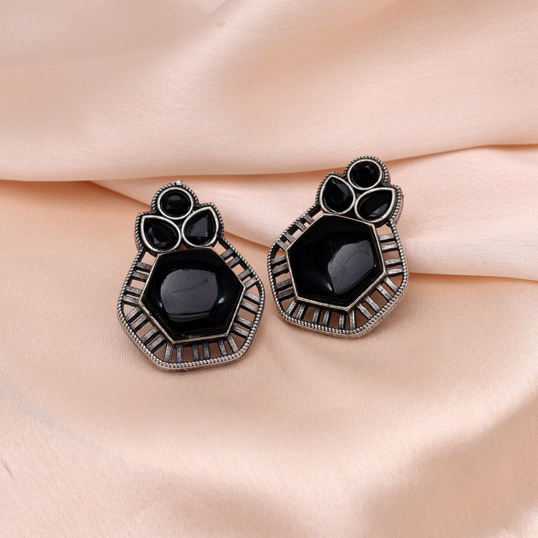 Black Color Monalisa Stone Oxidised Earrings (GSE2834BLK)