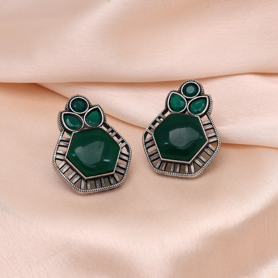 Green Color Monalisa Stone Oxidised Earrings (GSE2834GRN)
