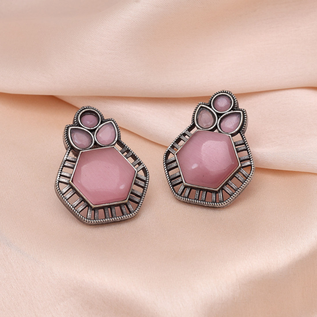 Pink Color Monalisa Stone Oxidised Earrings (GSE2834PNK)