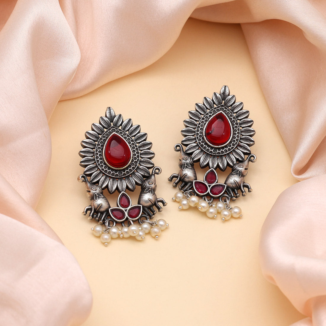 Maroon Color Monalisa Stone Oxidised Earrings (GSE2835MRN)