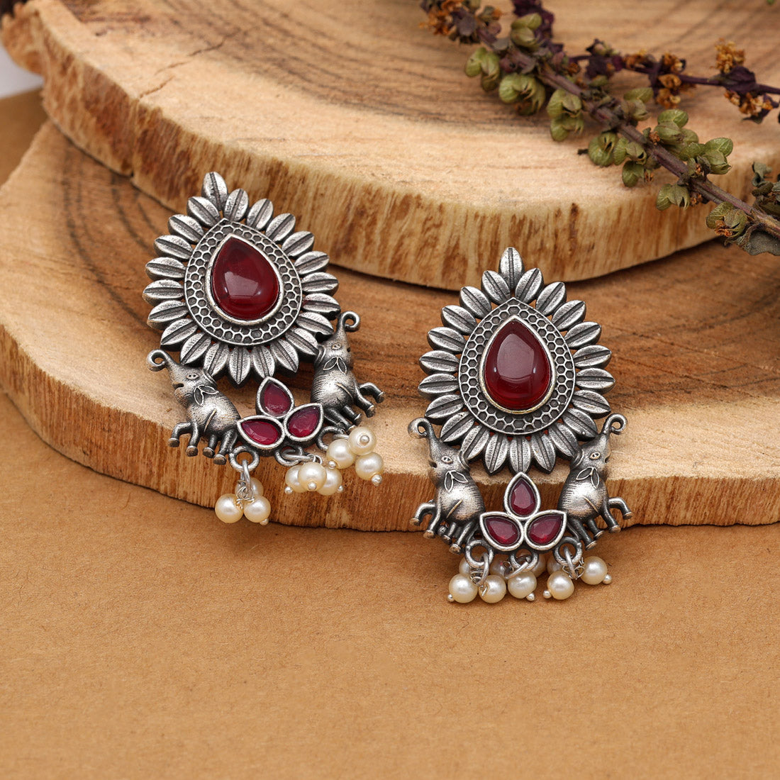 Maroon Color Monalisa Stone Oxidised Earrings (GSE2835MRN)