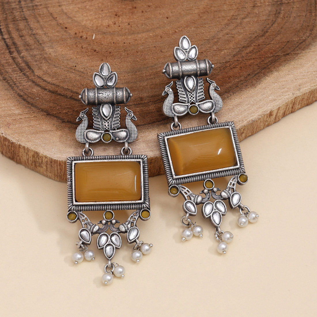 Yellow Color Monalisa Stone Oxidised Earrings (GSE2836YLW)