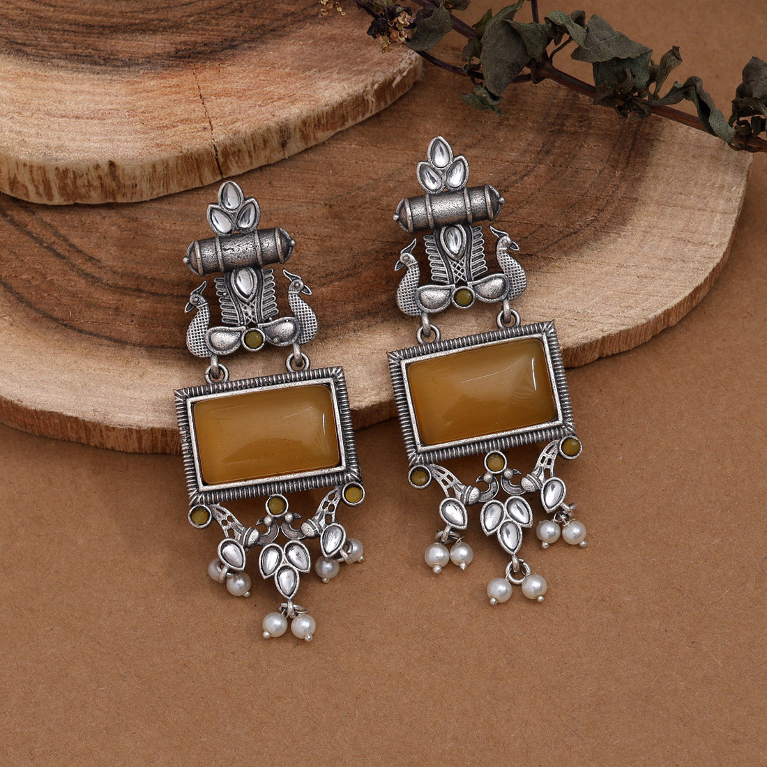 Yellow Color Monalisa Stone Oxidised Earrings (GSE2836YLW)