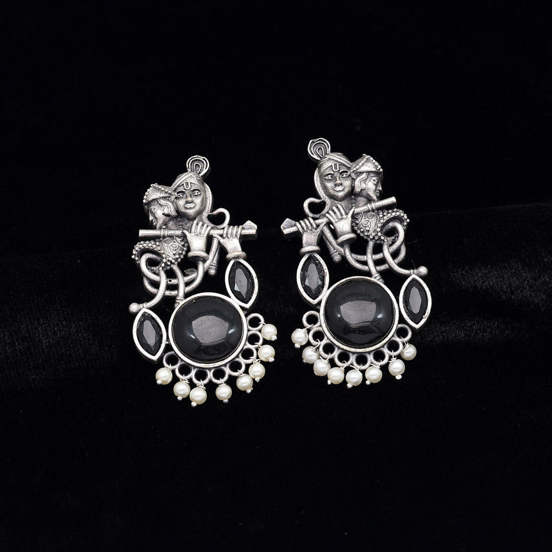 Black Color Lord Radha Krishna Monalisa Stone Oxidised Earrings (GSE2837BLK)