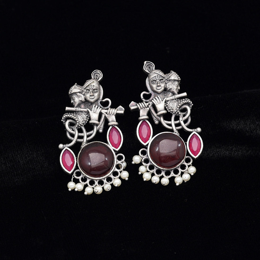 Maroon Color Lord Radha Krishna Monalisa Stone Oxidised Earrings (GSE2837MRN)