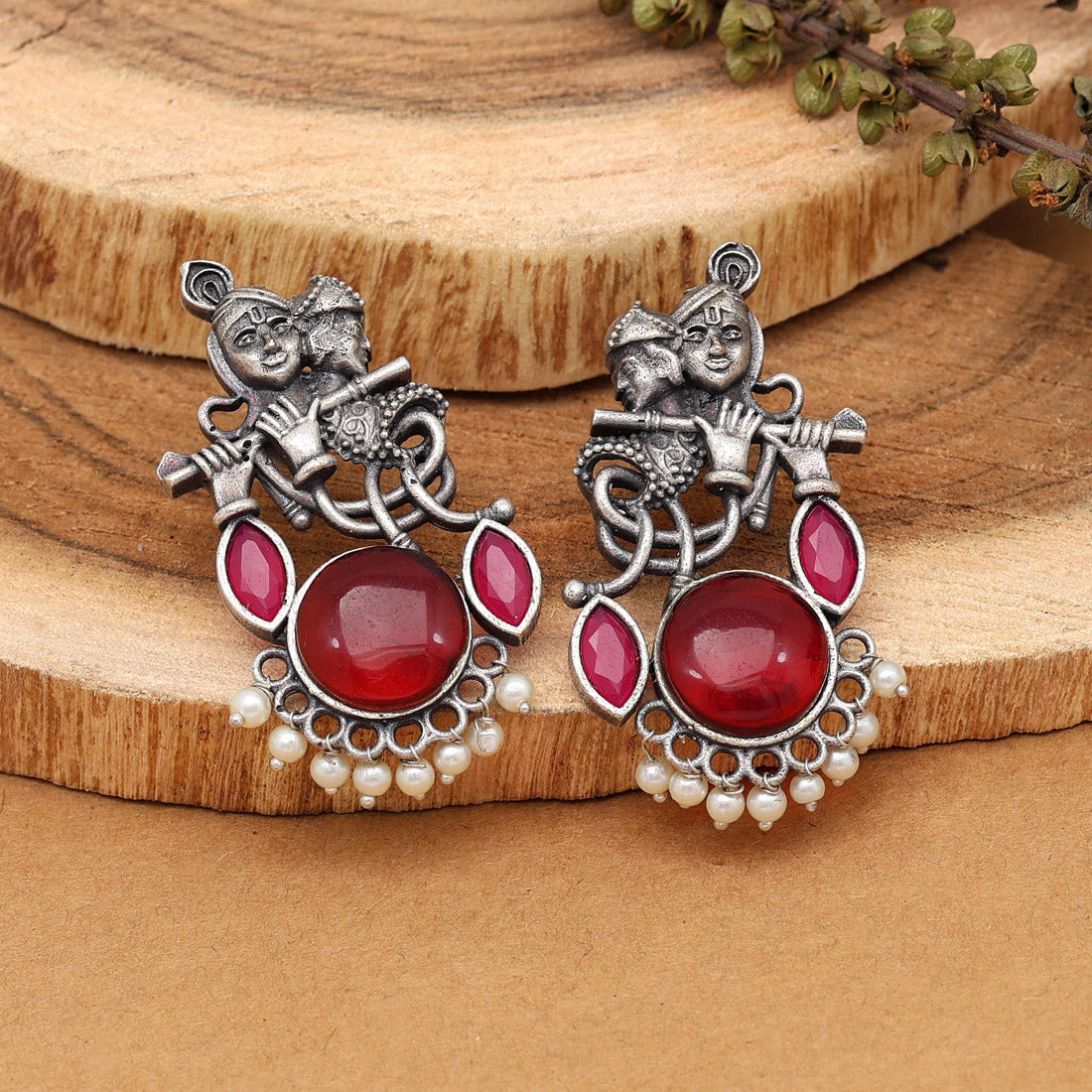 Maroon Color Lord Radha Krishna Monalisa Stone Oxidised Earrings (GSE2837MRN)
