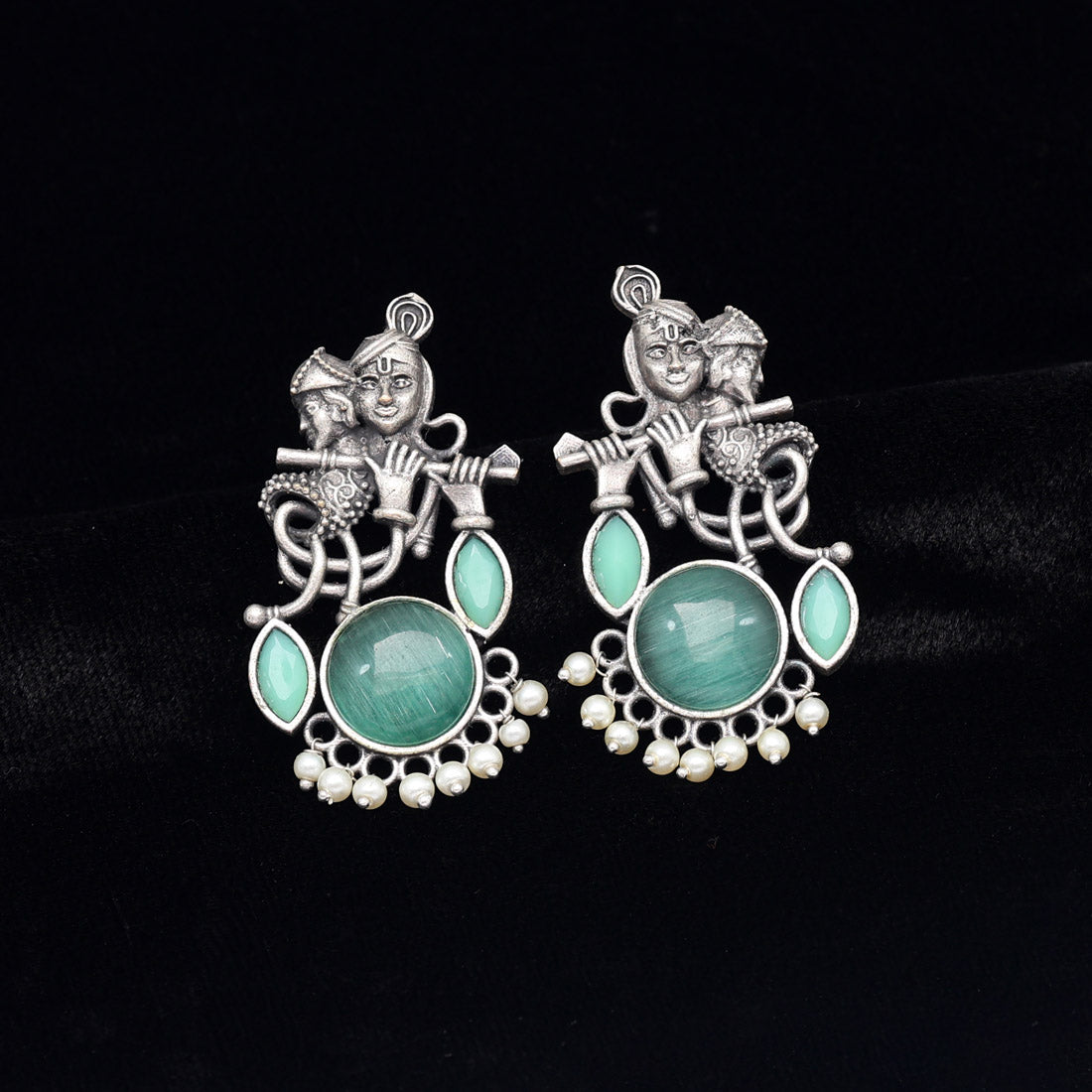Pista Green Color Lord Radha Krishna Monalisa Stone Oxidised Earrings (GSE2837PGRN)