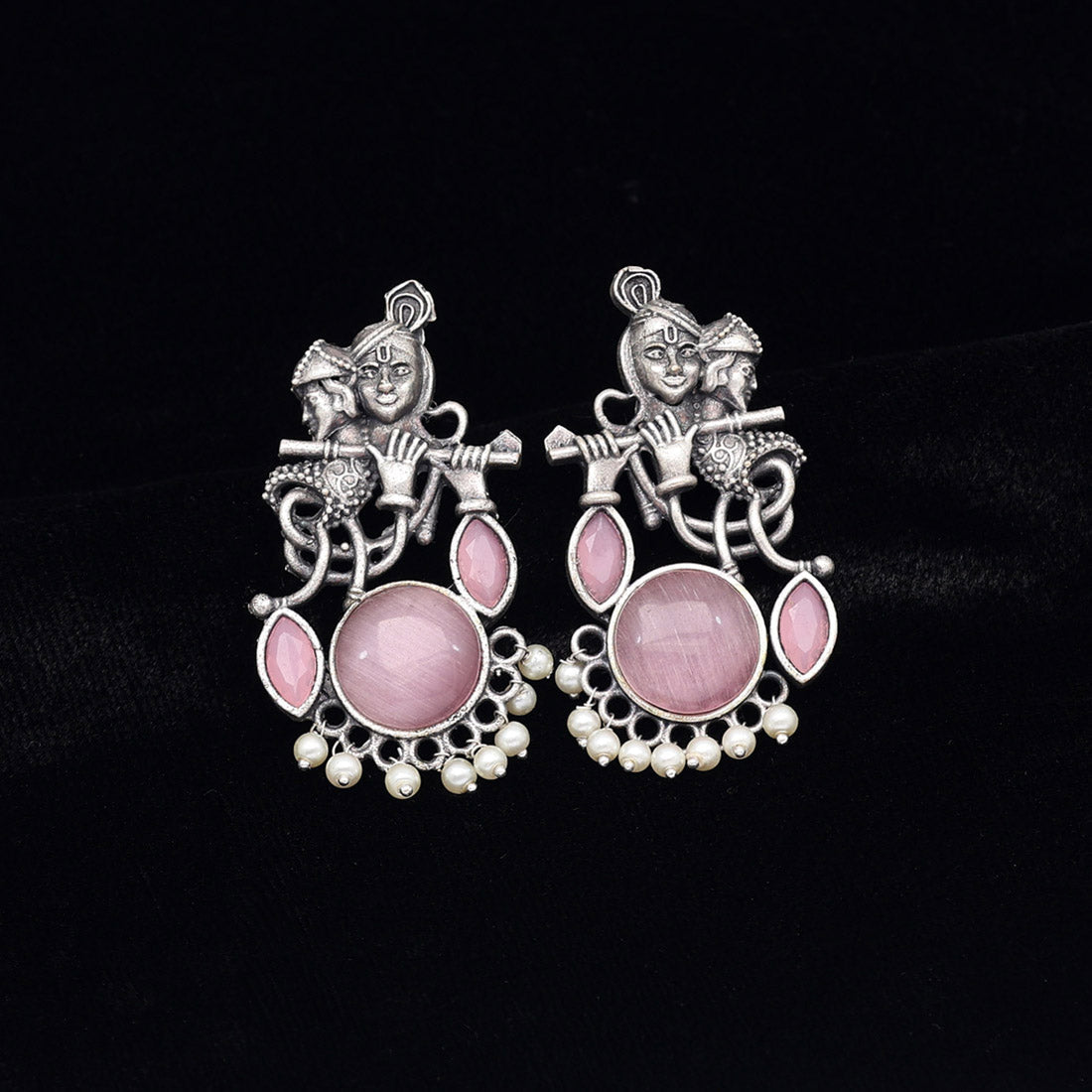 Pink Color Lord Radha Krishna Monalisa Stone Oxidised Earrings (GSE2837PNK)