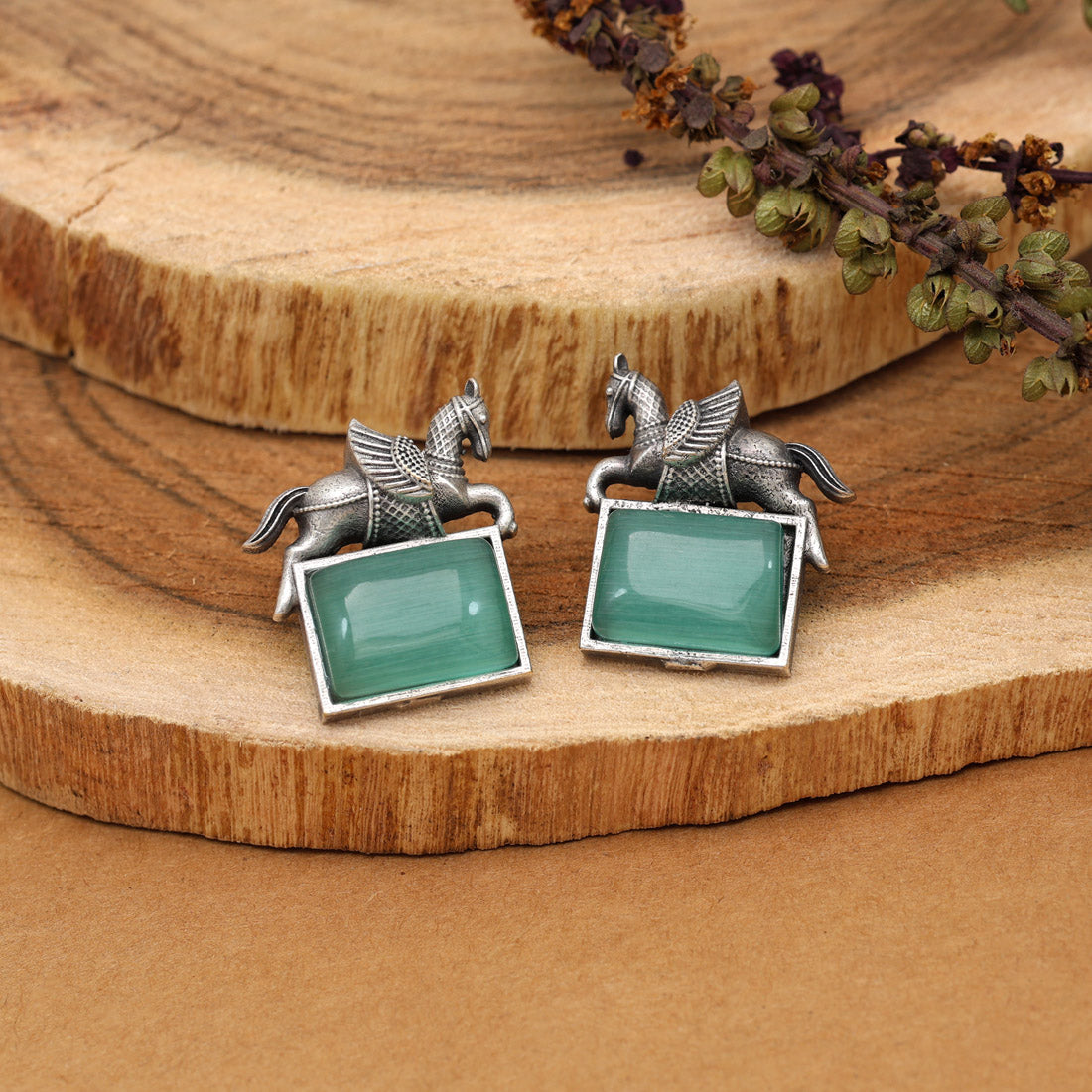 Pista Green Color Monalisa Stone Oxidised Earrings (GSE2839PGRN)