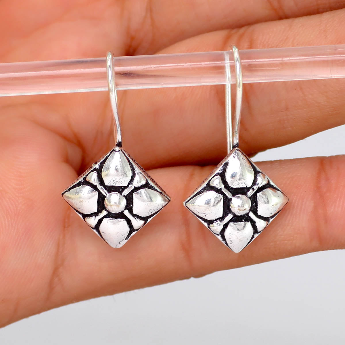 Square Shape Oxidised Silver Plated Stud Brass Earrings (GSE470SLV)
