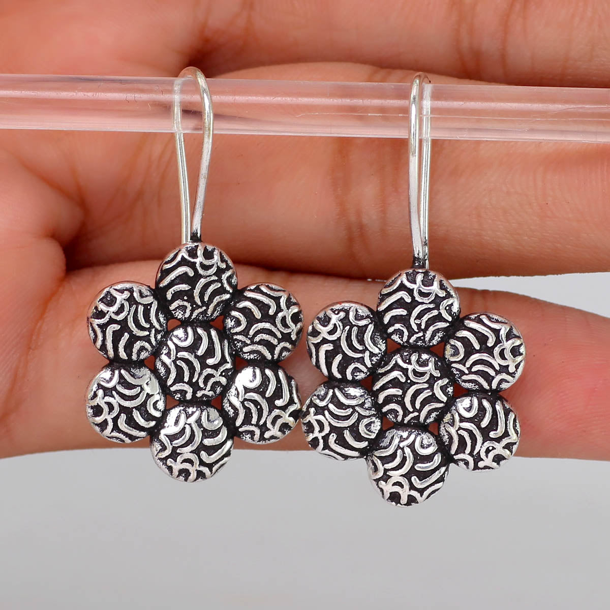 New Designer Flower Shape Handmade Indian Traditional Oxidised Stud Earrings (GSE475SLV)