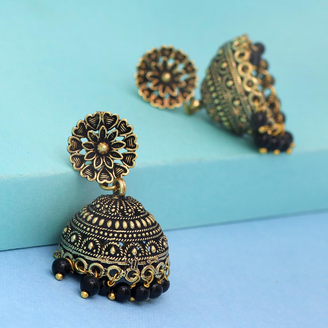 Rajasthani Traditional Wedding Collection Gold Oxidised Black Color Jhumki Earrings (GSE600)