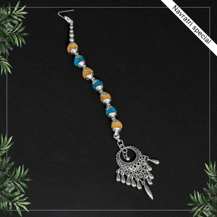 Yellow Color Beads Oxidised Maang Tikka (GSMTK108YLW)