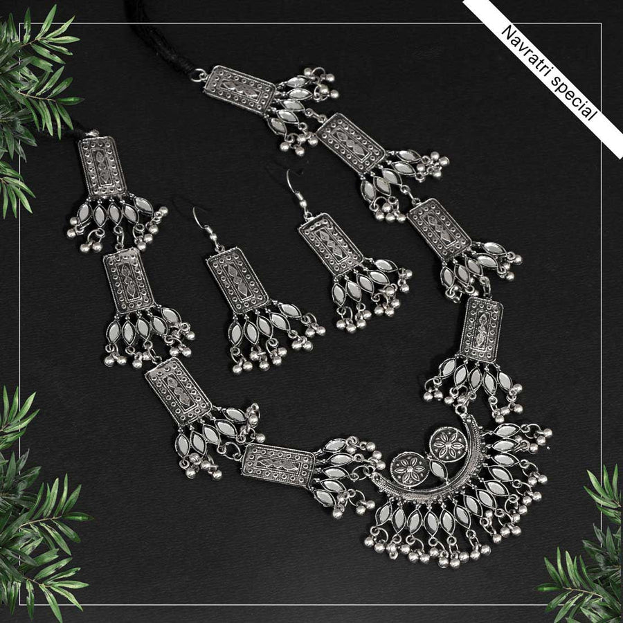 Silver Color Mirror Oxidised Necklace Set (GSN1554SLV)