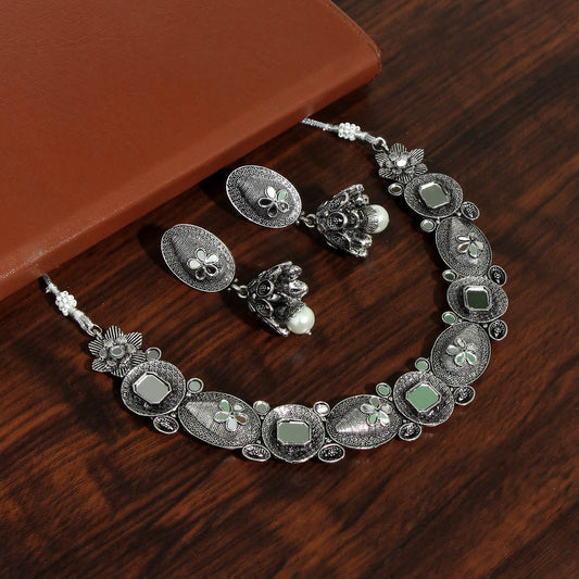 Silver Color Mirror Work Oxidised Necklace Set (GSN1836SLV)