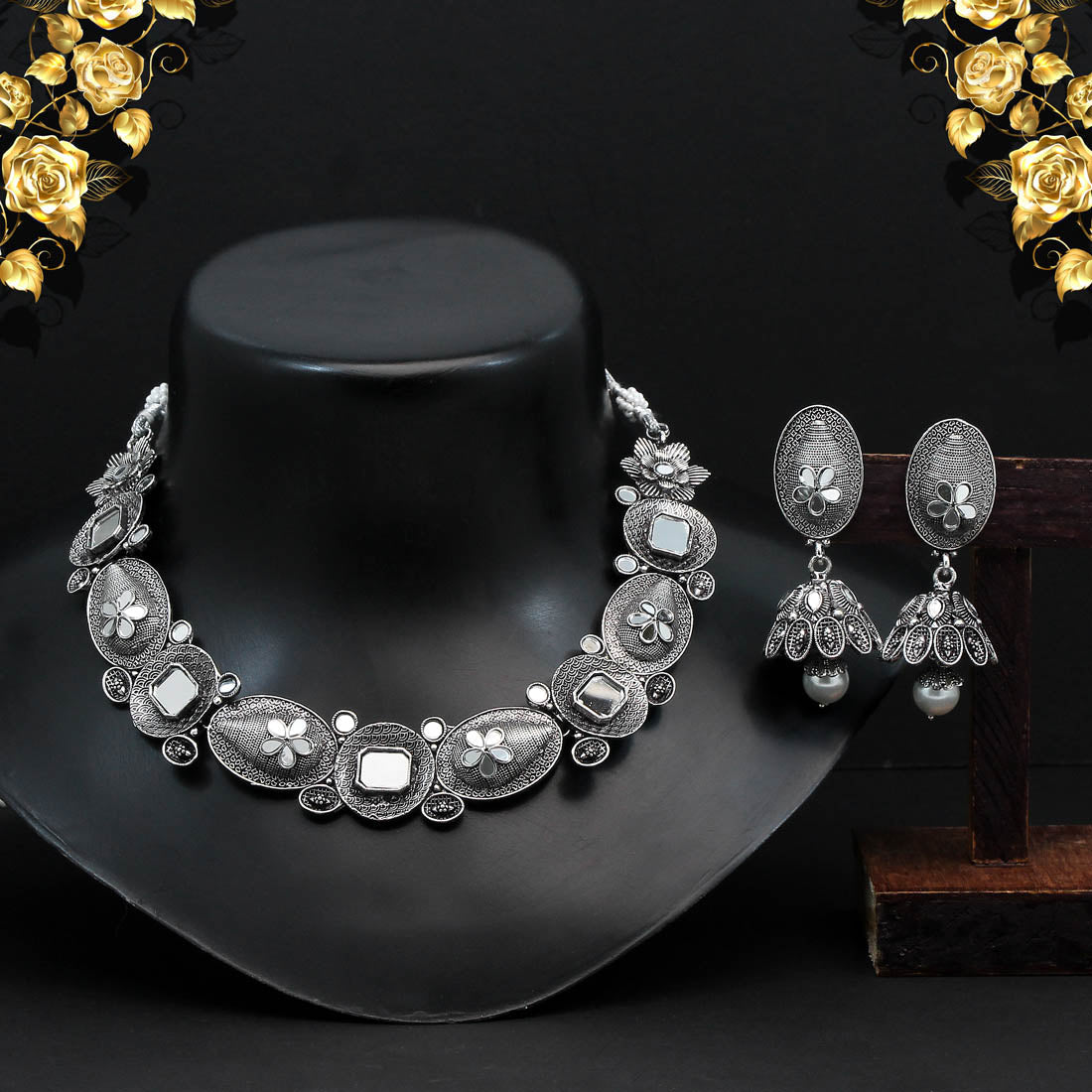 Silver Color Mirror Work Oxidised Necklace Set (GSN1836SLV)