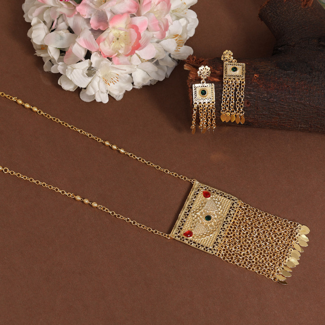 Red & Green Color Gold Plated Necklace Set (KBSN1161REDGRN)