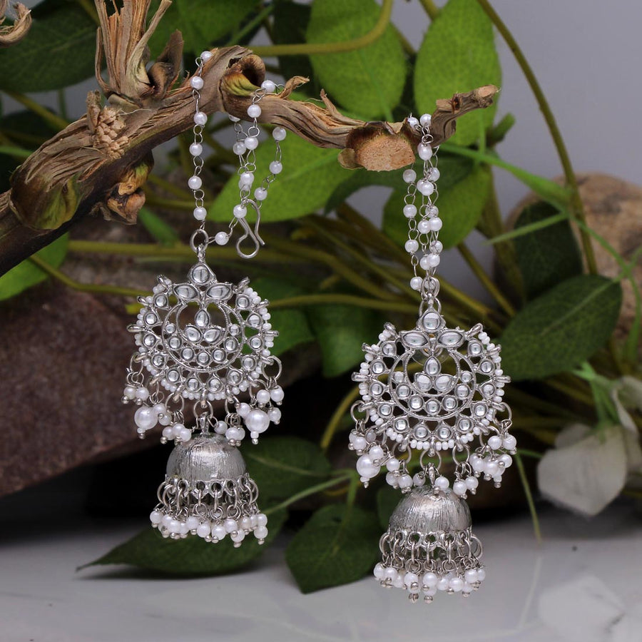Silver Color Kundan Earrings (KDE365SLV)