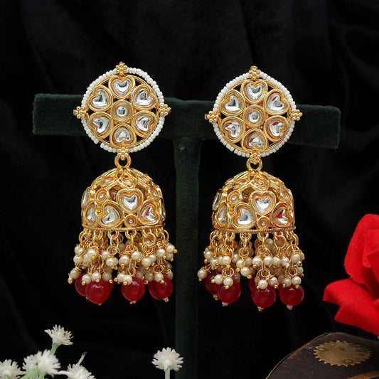 Red Color Big Jhumka Kundan Earrings (KDE608RED)